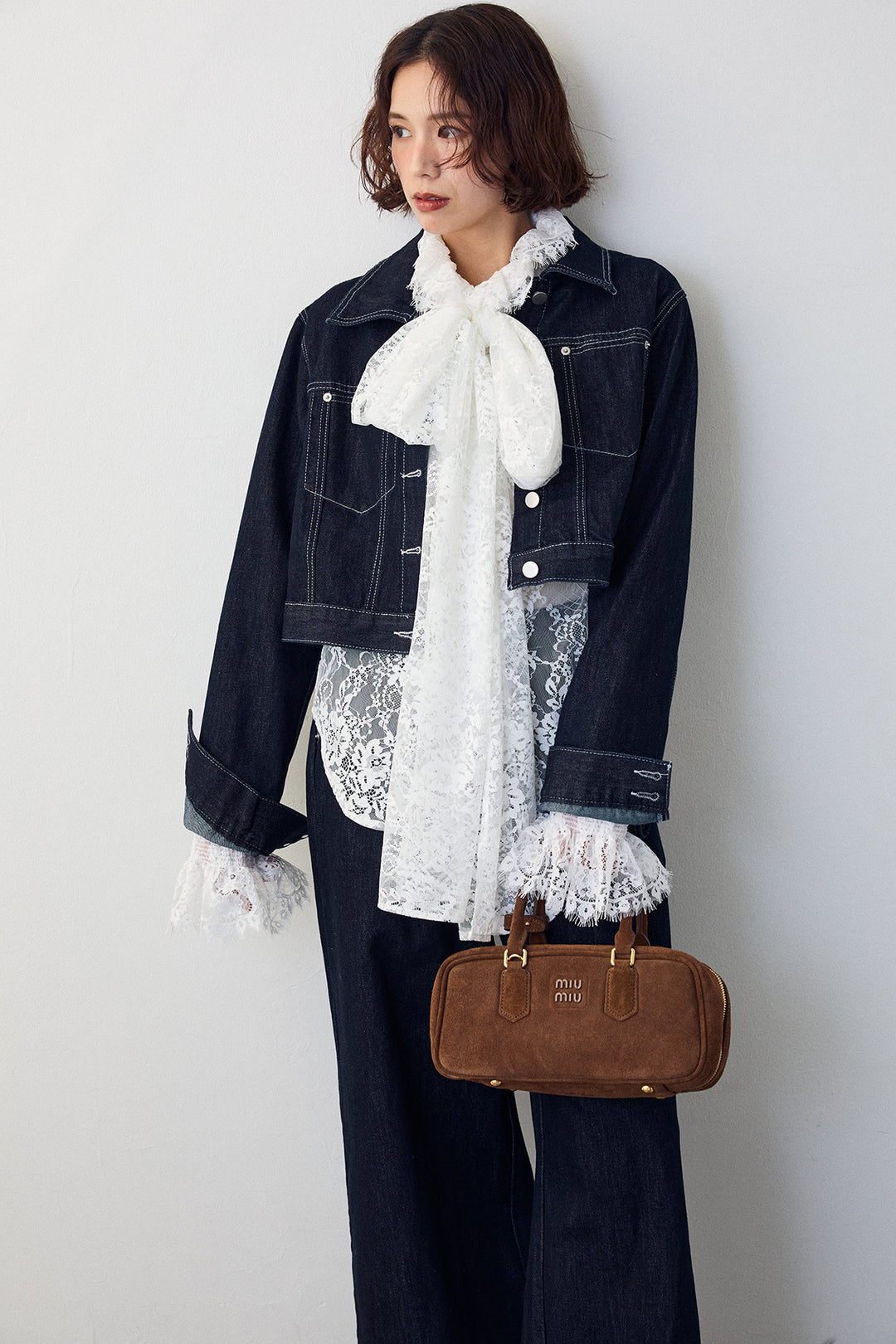 [予約/SET]クラシカルレースボウタイブラウス+クロップドデニムセットアップ(2set)