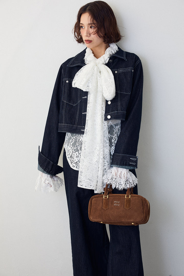 [予約/SET]クラシカルレースボウタイブラウス+クロップドデニムセットアップ(2set)