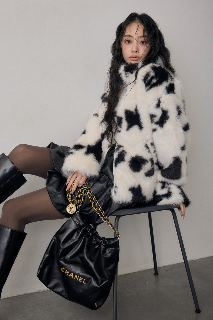 [予約]COW柄スタンドファーライクコート