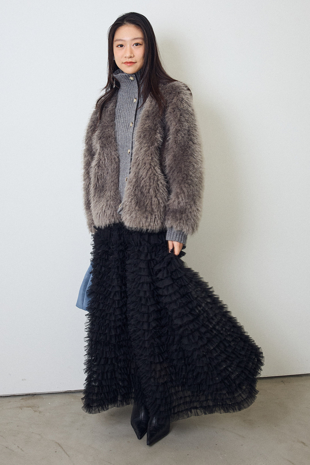 [予約/SET]シャギーファー×リブニットミックスジャケット+ホイップチュールティアードスカート(2set)