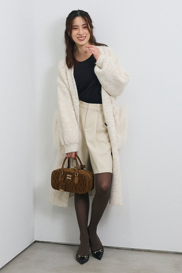 [予約/SET]ファーポケットロングニットカーデ+ウールタッチセンタープレスハーフパンツ(2set)