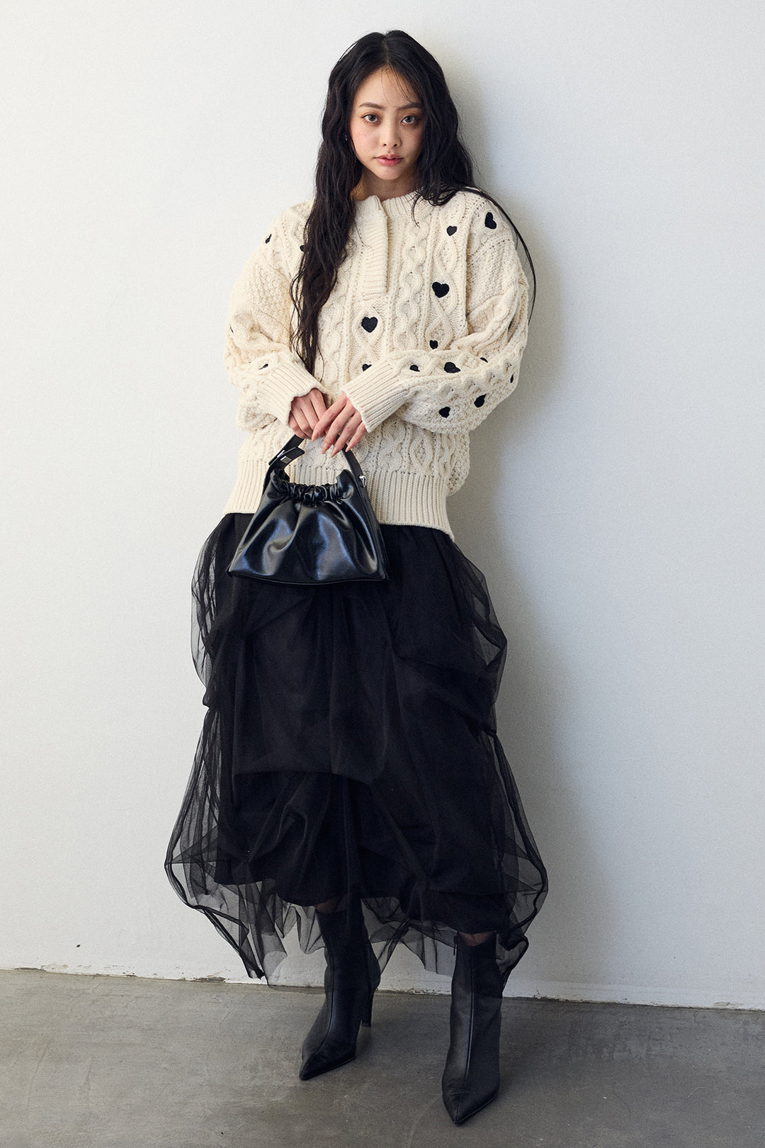 [予約/SET]ハート刺繍ケーブルデザインニット+マルチパターンタックチュールスカート(2set)