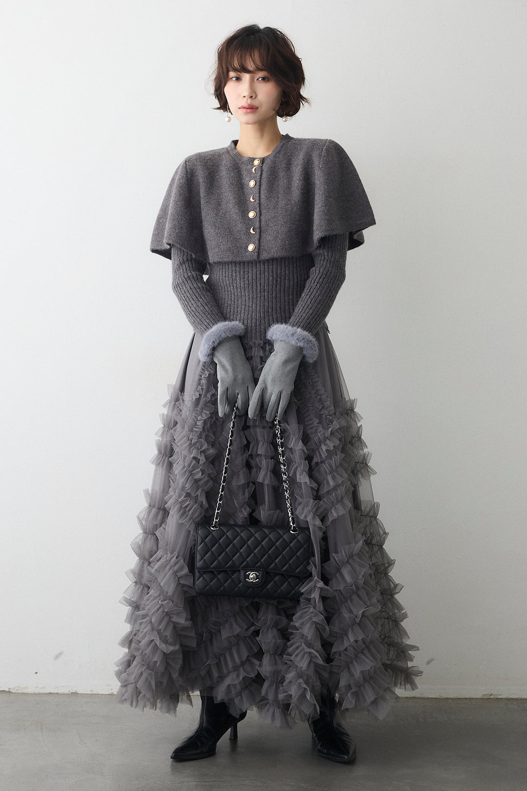 [予約/SET]ミックス釦ケープ2wayニット+スフレアシメチュールスカート(2set)