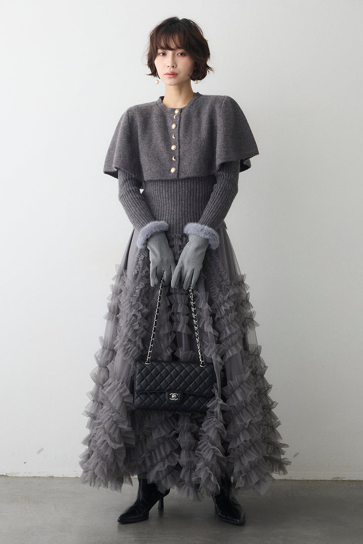 [予約/SET]ミックス釦ケープ2wayニット+スフレアシメチュールスカート(2set)