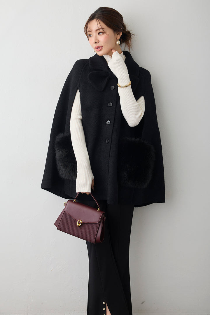 [予約/SET]ベーシックフィンガーホールリブニット+ウールタッチファーポケットポンチョコート+センタースリットパールパンツ(3set)