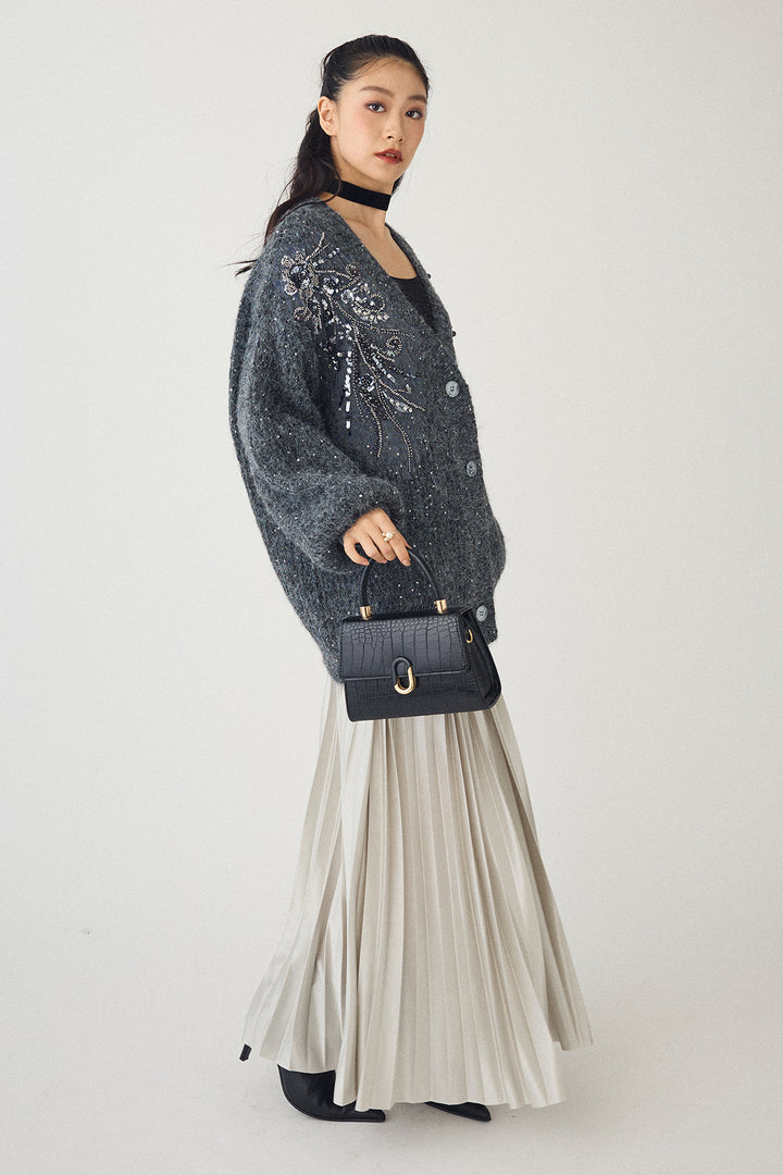 [予約/SET]ビーズフラワースパンコールシャイニーニットカーデ+シャイニープリーツサテンスカート(2set)