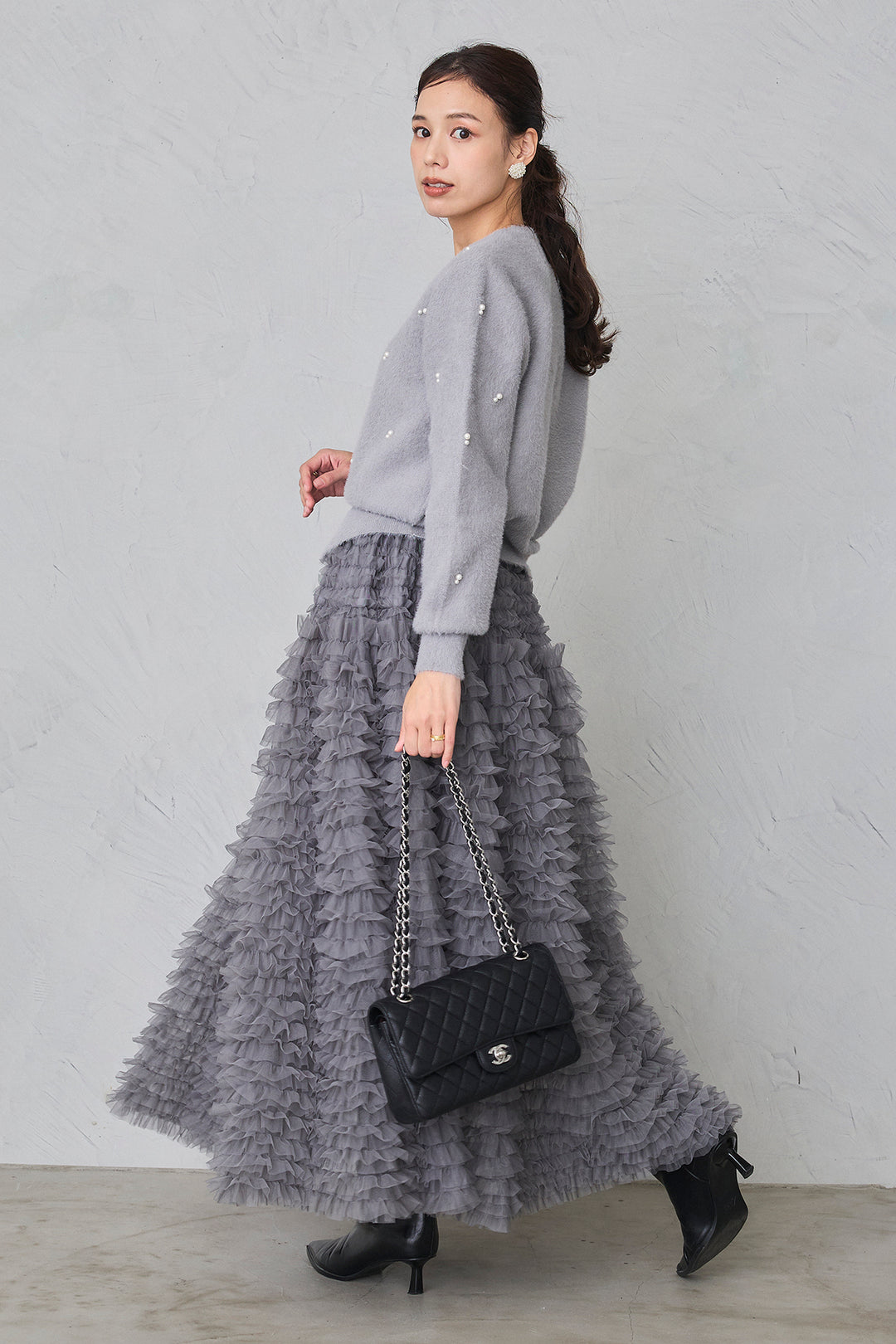[予約/SET]ミックスパールシャギーコーディガン+ホイップチュールティアードスカート(2set)