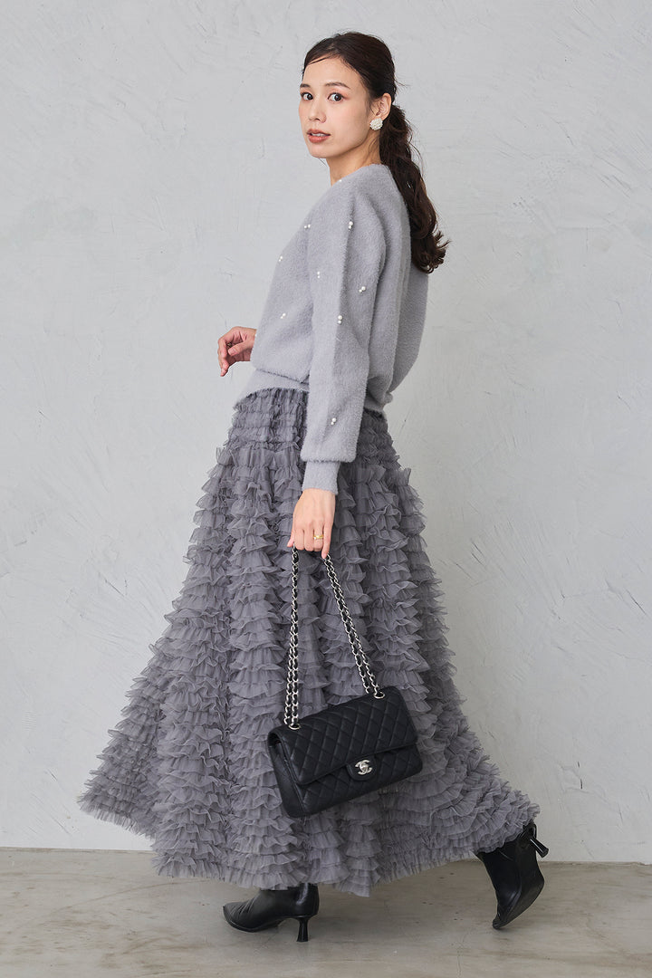 [予約/SET]ミックスパールシャギーコーディガン+ホイップチュールティアードスカート(2set)