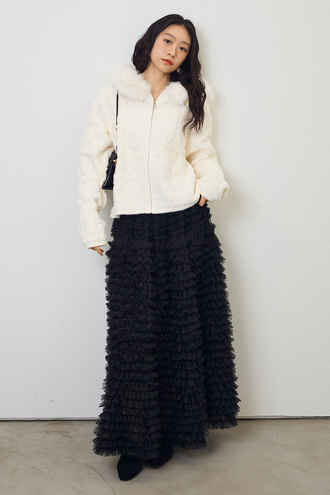 [予約/SET]フードファーキルトZIPニットブルゾン+ホイップチュールティアードスカート(2set)