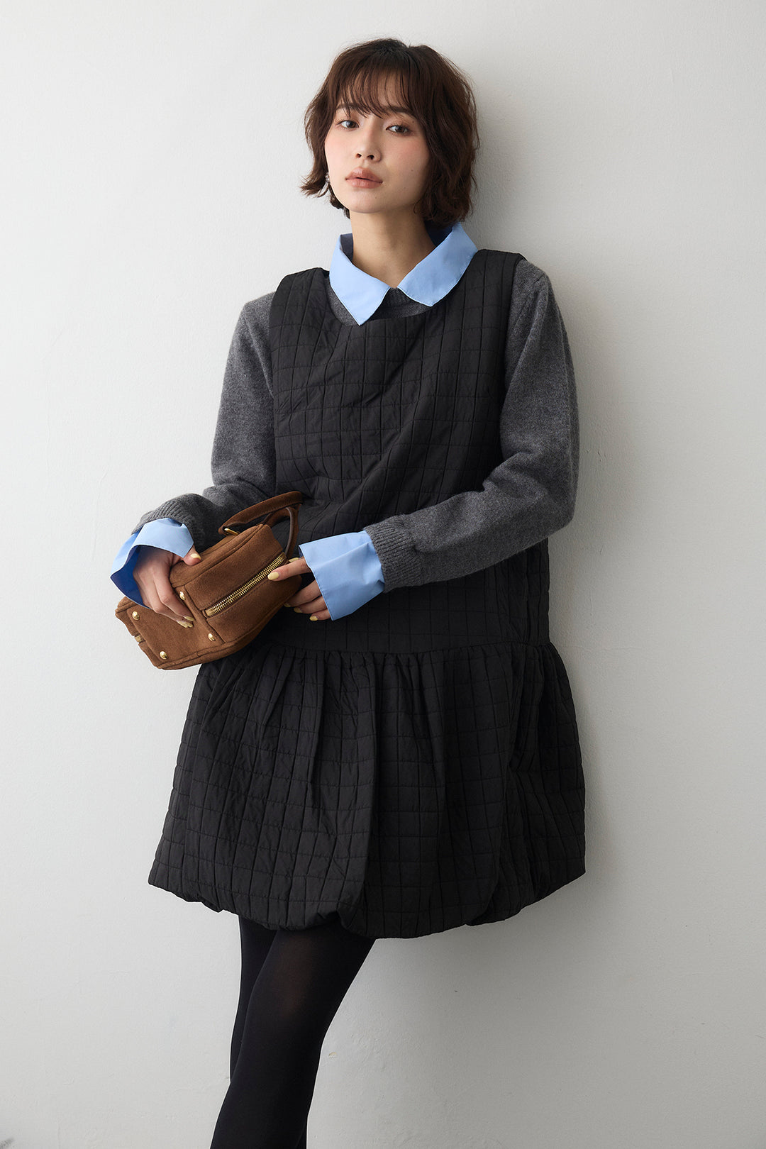 [予約/SET]シャツレイヤードニットプルオーバー+キルティングデザインミニジャンスカ(2set)