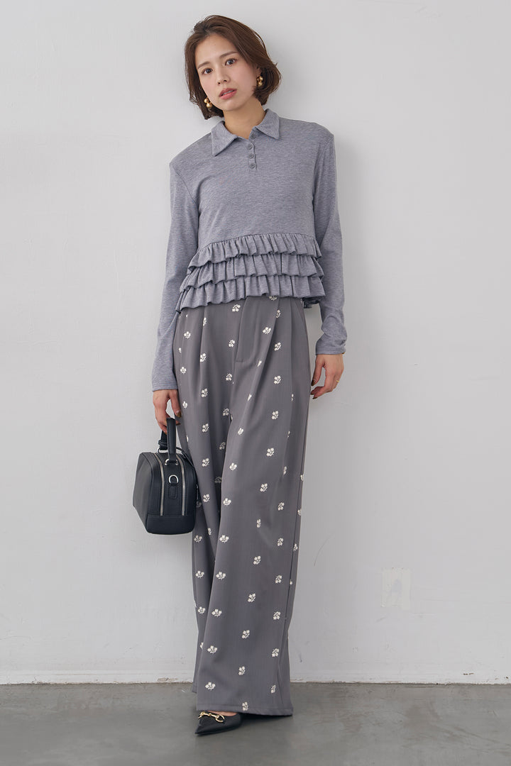 [予約/SET]フリルヘムポロカラープルオーバー+フラワー刺繍ツイルストレートパンツ(2set)