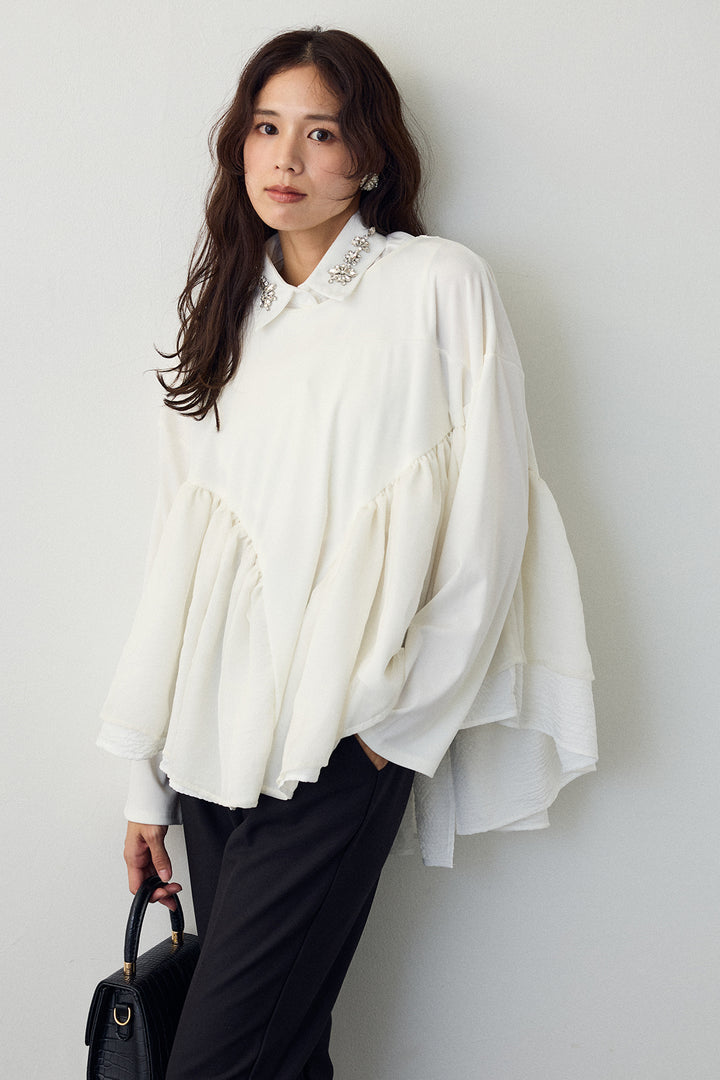 [予約/SET]ビジュー付け襟+フリルテール異素材切替チュニック(2set)
