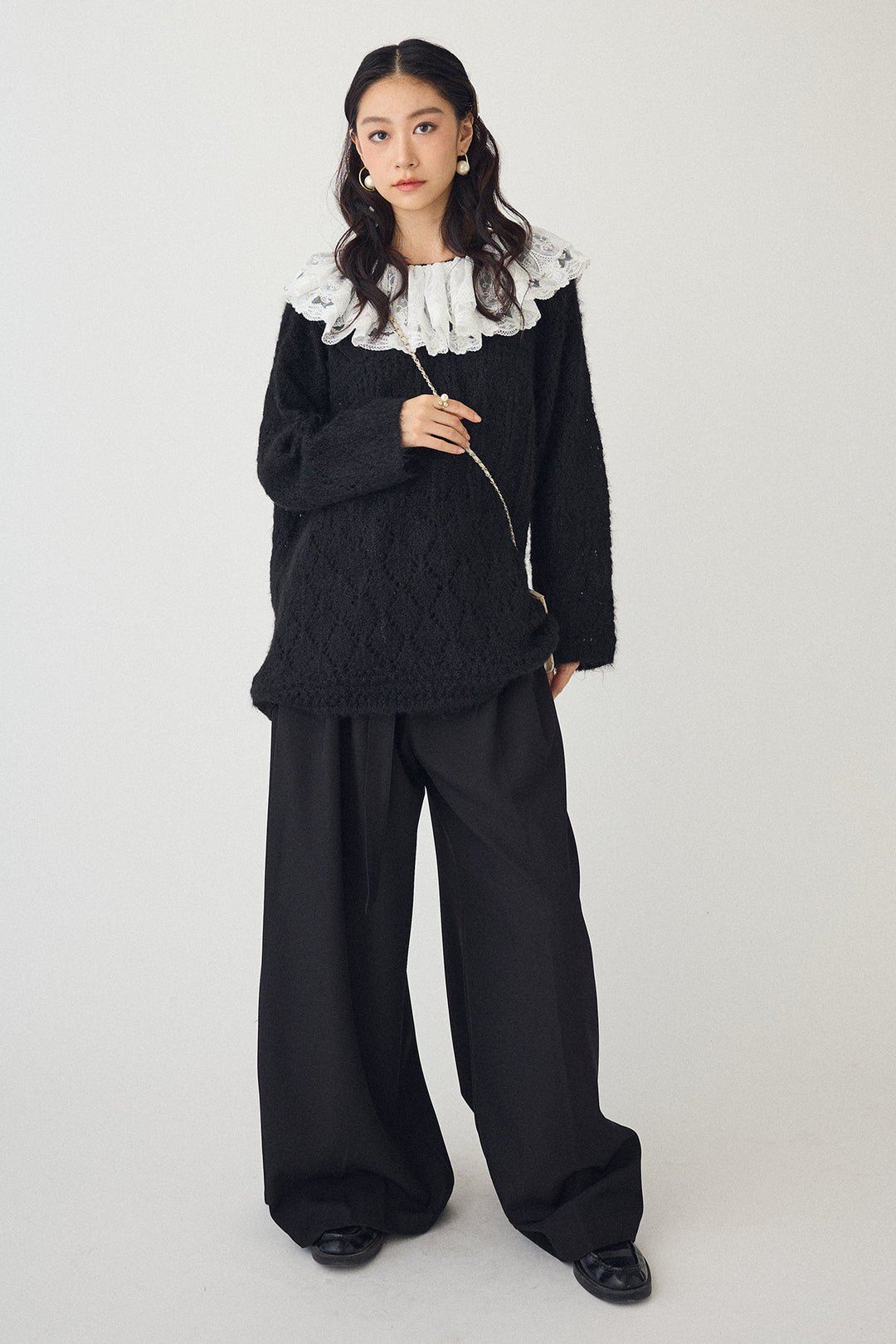 [予約/SET]ダブルレースカラードッキングニット+とろみタックハイウエストタックワイドパンツ(2set)