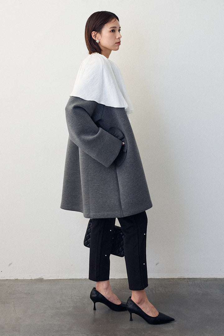 [予約/SET]BIGフリルカラーブラウス+フリルポケットボンディングノーカラーコート+センターシームランダムパールパンツ(3set)