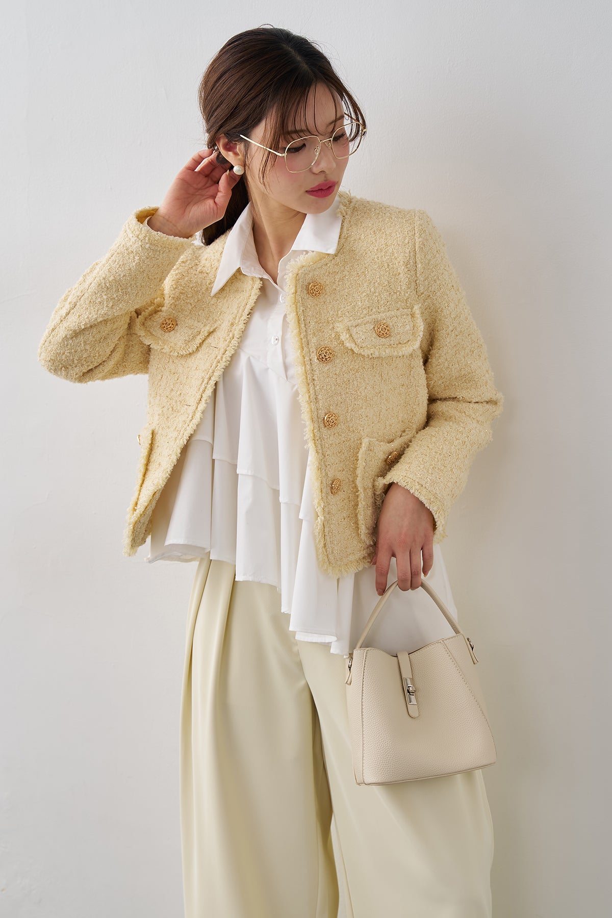 予約/SET]アシメフリルティアードシャツ+フリンジツイードゴールド