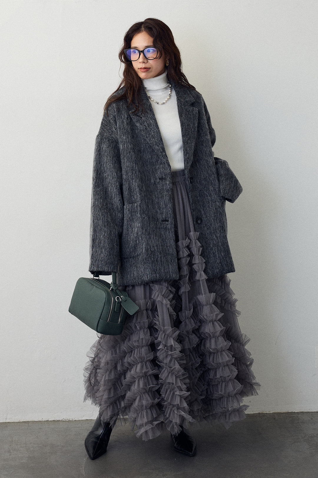 [予約/SET]シャギーミドル丈コート+スフレアシメチュールスカート(2set)