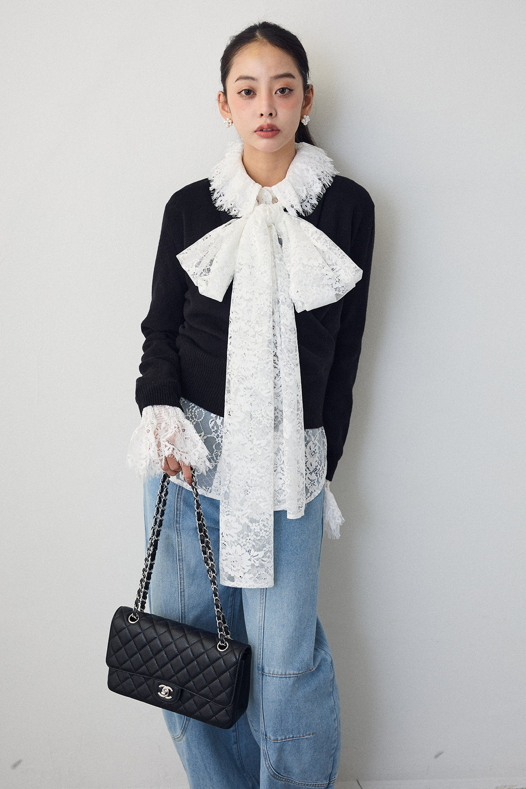 [予約/SET]クラシカルレースボウタイブラウス+カシュクールデザインニット(2set)