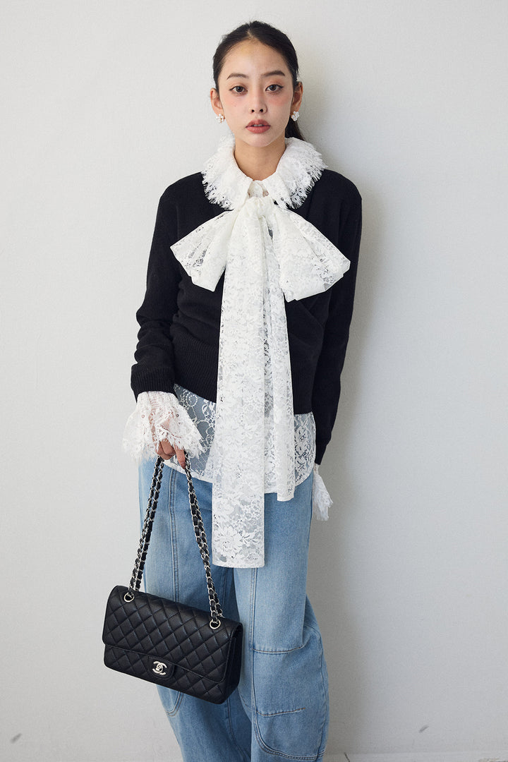 [予約/SET]クラシカルレースボウタイブラウス+カシュクールデザインニット(2set)