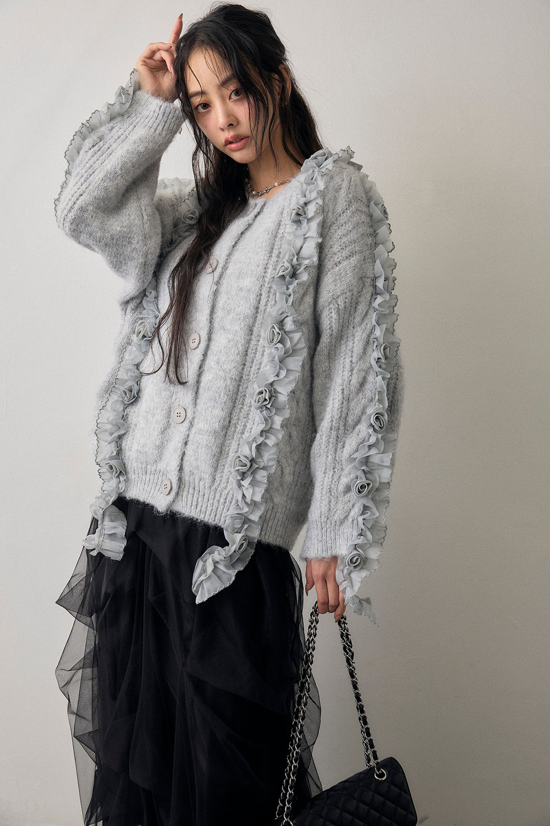 [予約/SET]フリルローズドッキングニットカーデ+マルチパターンタックチュールスカート(2set)