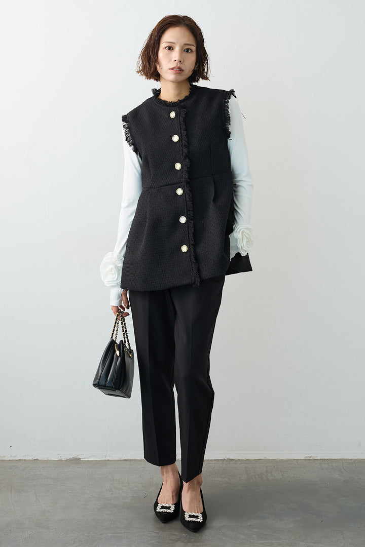 [予約/SET]フラワーモチーフポイントカットトップス+ツイードペプラム美フォルムジレ(2set)