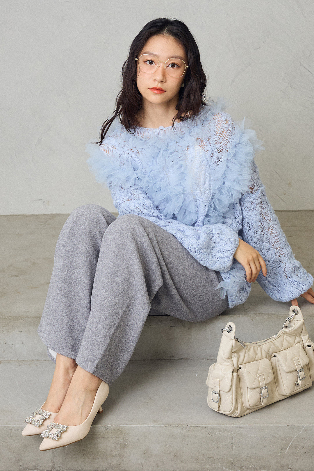 [予約/SET]透かし編みホイップチュールニット+ウォームタッチイージーパンツ(2set)