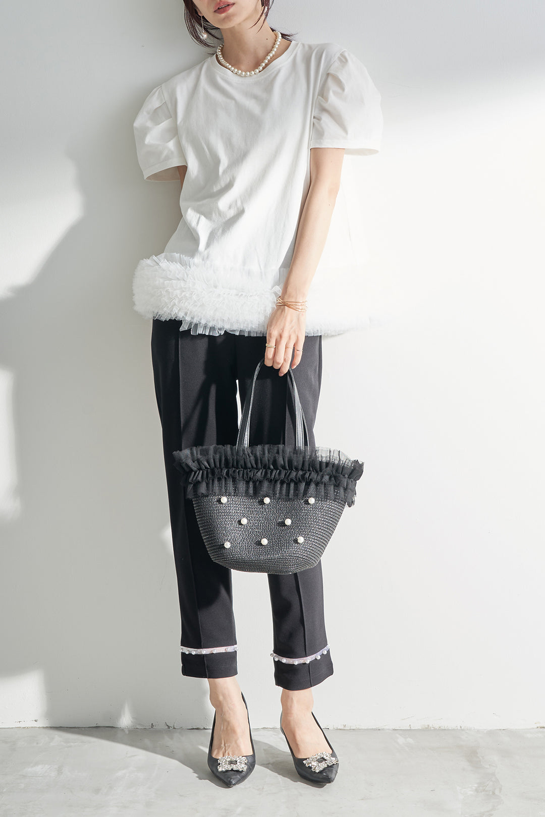 [予約/SET]チュールヘムドッキングTシャツ+シアーパールヘムテーパードパンツ(2set)