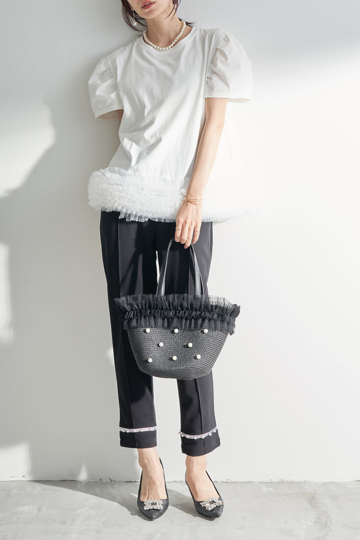 [予約/SET]チュールヘムドッキングTシャツ+シアーパールヘムテーパードパンツ(2set)