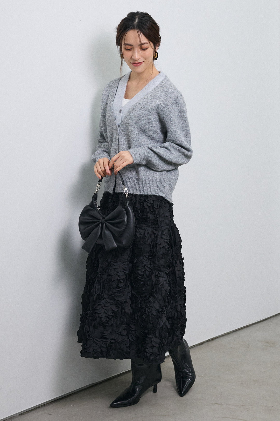 [予約/SET]配色レイヤードニットカーデ+ローズフラワー立体フレアスカート(2set)