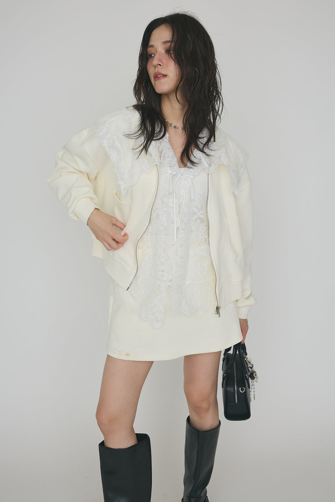 [予約]総レースカラーベストセットスウェットスカートセットアップ