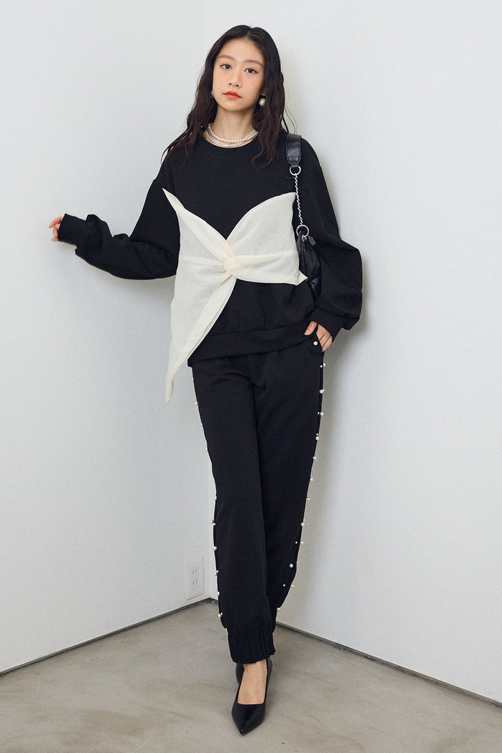 [予約/SET]オーガンジーBIGリボンプルオーバー+サイドパール裾タックジョガーパンツ(2set)