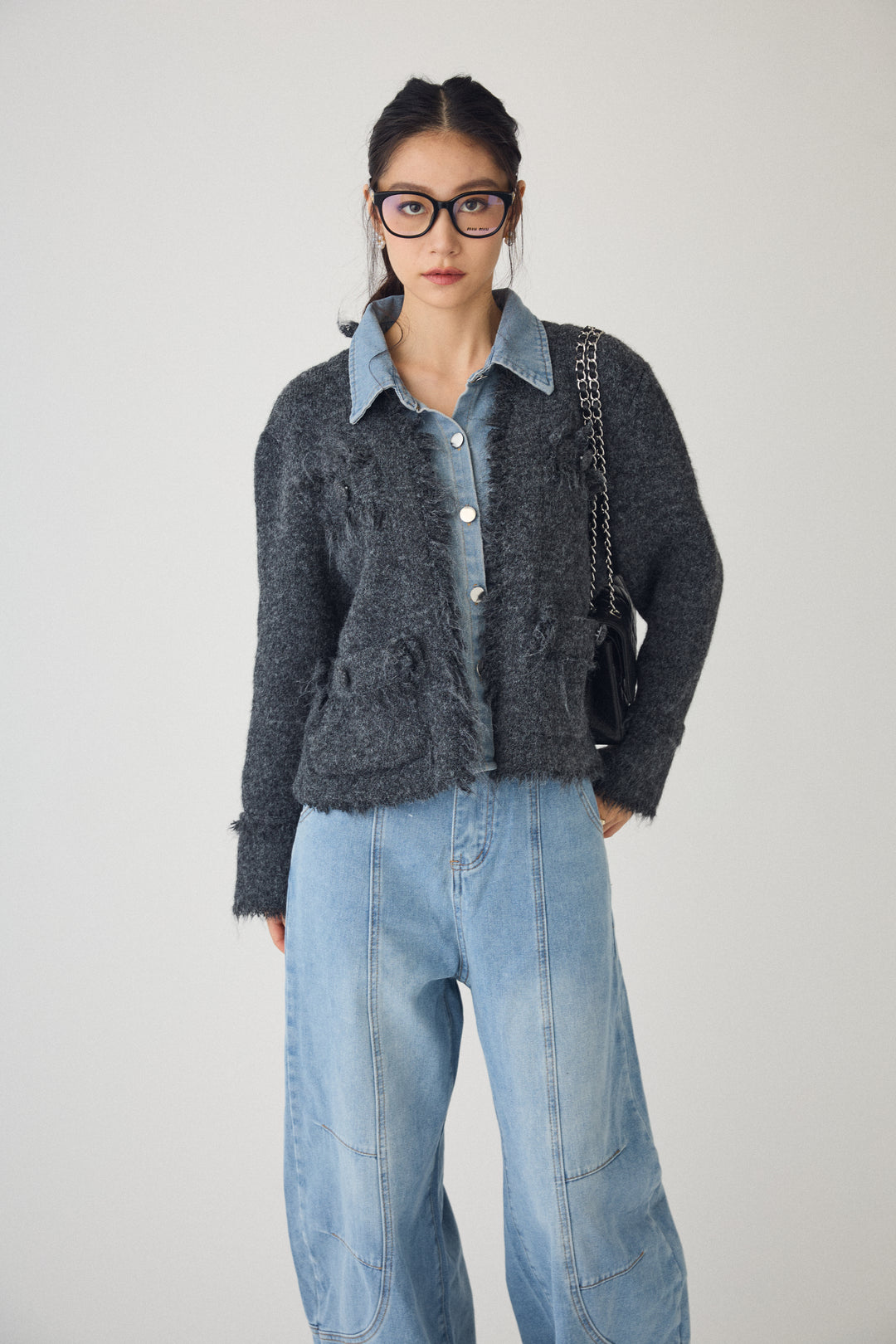 [予約]デニムシャツドッキングツイードカーデ