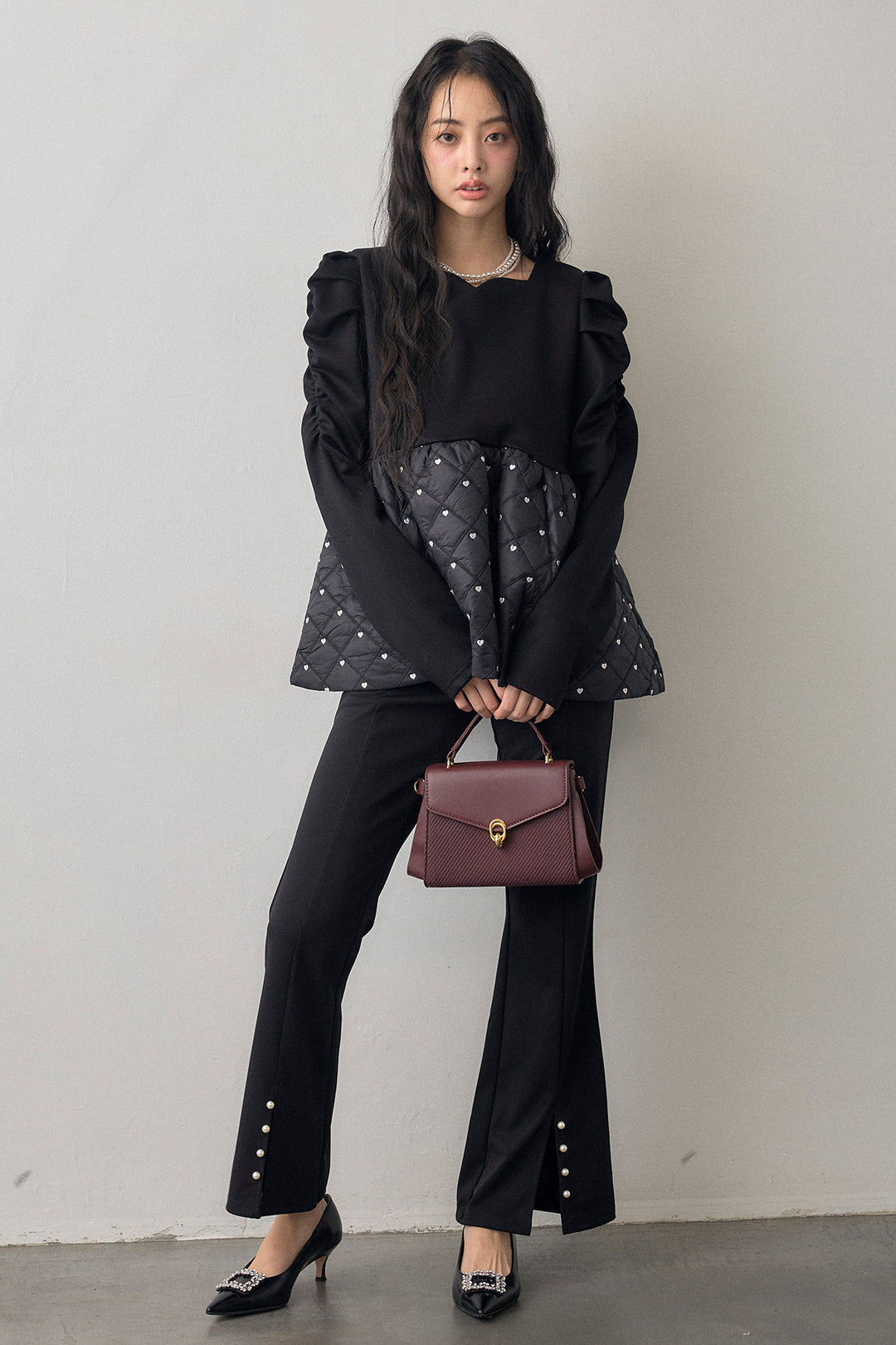 [予約/SET]ハートキルティングドッキングぺプラムチュニック+センタースリットパールパンツ(2set)