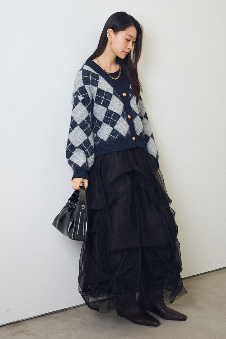 [予約/SET]アーガイル柄ゴールドボタンニットカーデ+マルチパターンタックチュールスカート(2set)