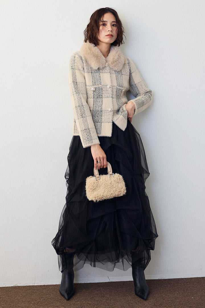 [予約/SET]チェック柄ファー襟コーディガン+マルチパターンタックチュールスカート(2set)