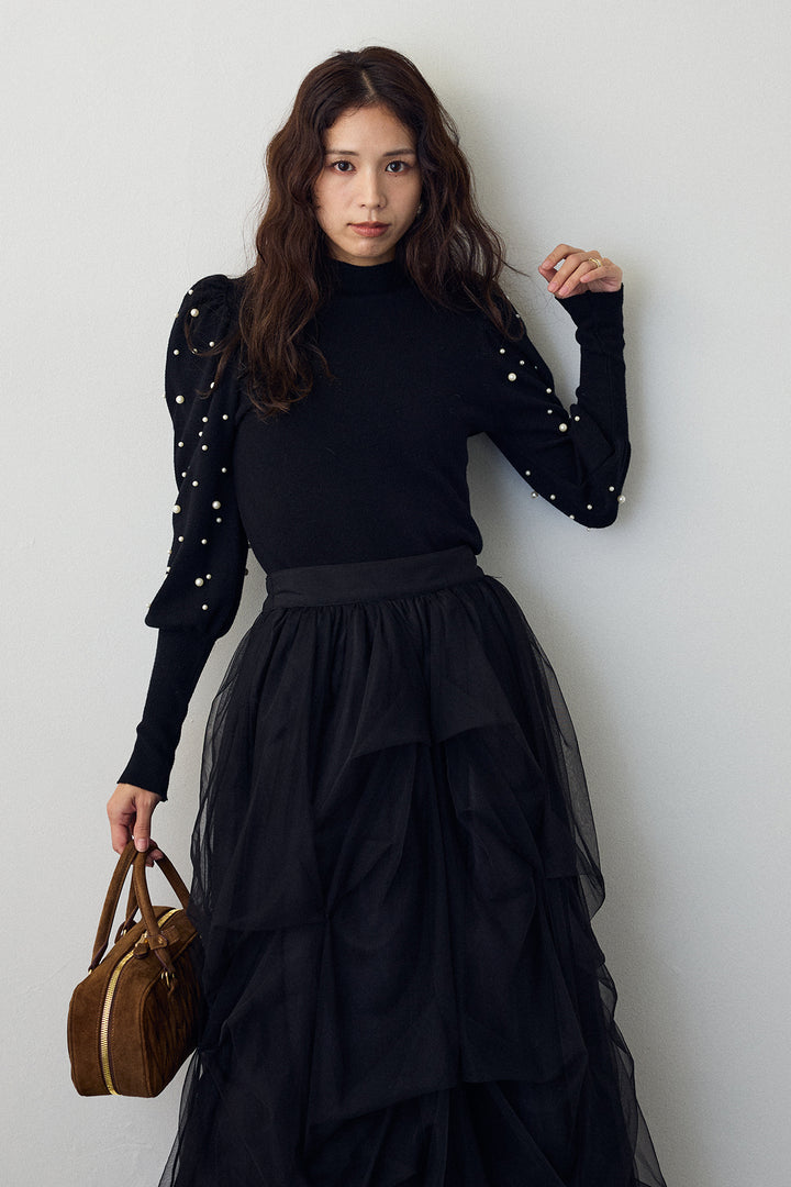 [予約/SET]パフスリーブランダムパールニット+マルチパターンタックチュールスカート(2set)