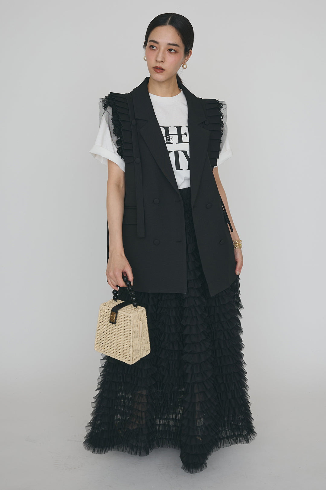 [予約/SET]フリルショルダーテーラーマニッシュベスト+ホイップチュールティアードスカート(2set)