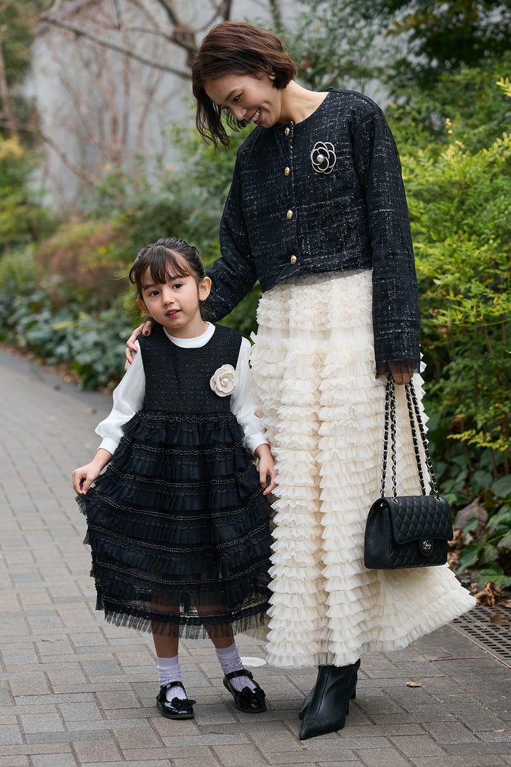 [予約/親子SET][kids]ティアードプリーツパールワンピセット+ツイード×チュールレイヤードクロップドジャケット+ホイップチュールティアードスカート(3set)