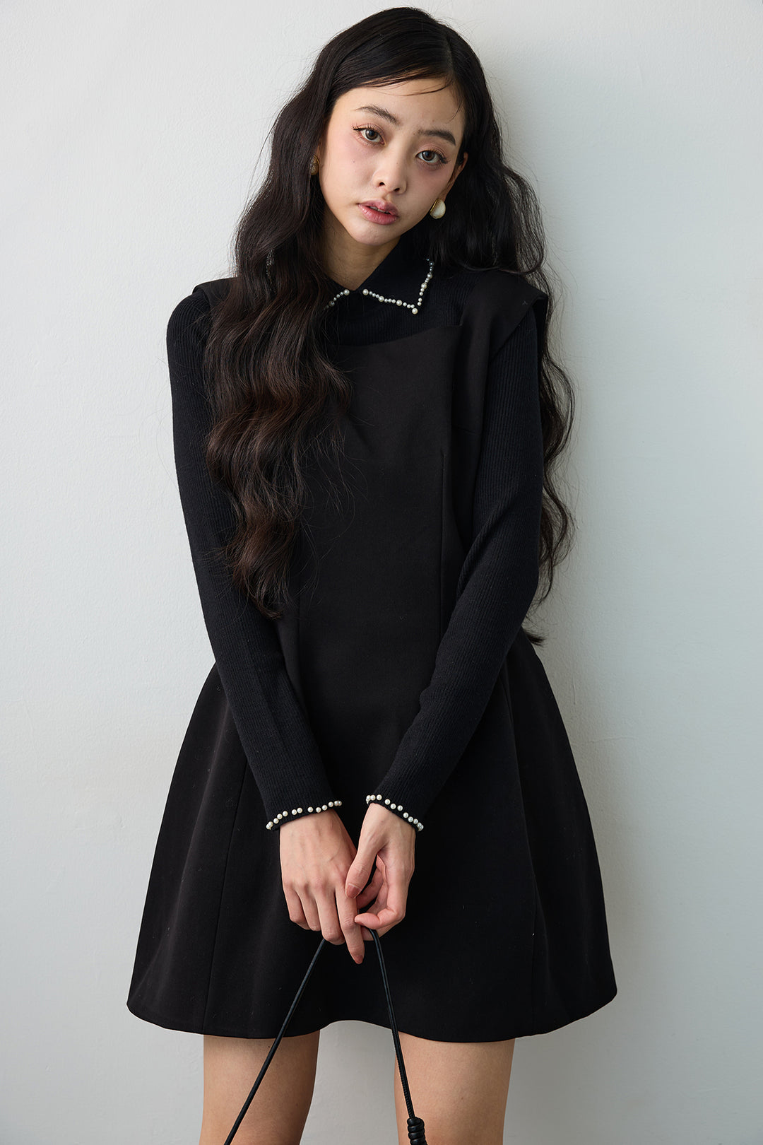 [予約]ビジューパール衿リブニット