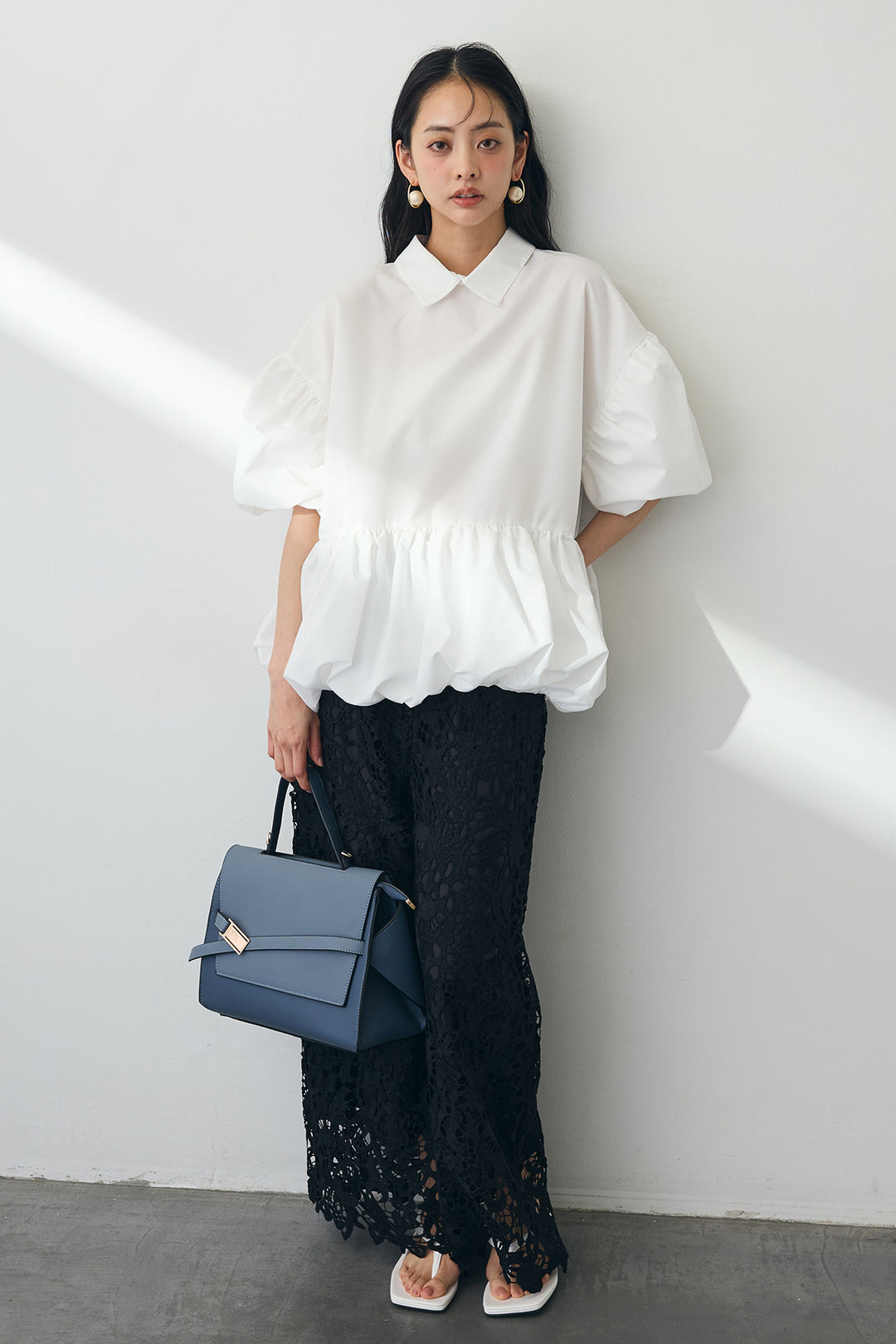 [予約/SET]ペプラムバルーンシルエットチュニック+クロシェレースセミワイドパンツ(2set)