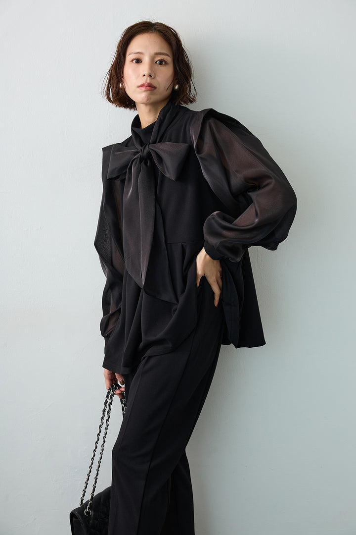 [予約]シアーリボン異素材ドッキングペプラムブラウス