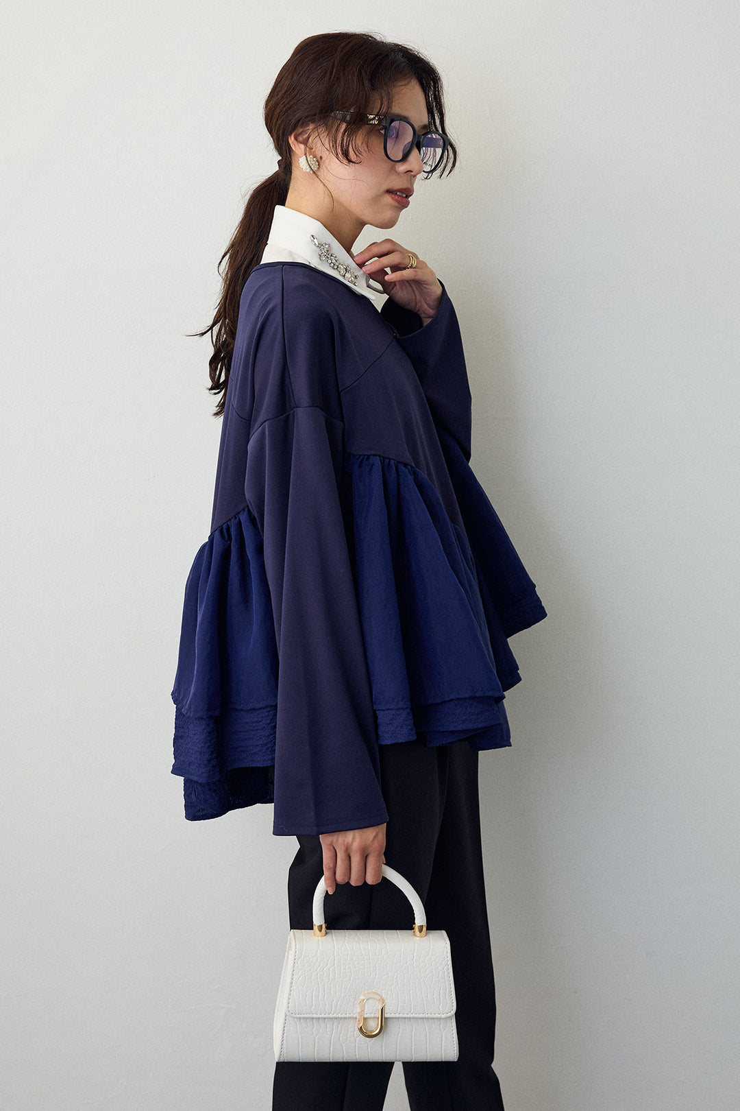 [予約/SET]フリルテール異素材切替チュニック+タックテーパードパンツ(2set)