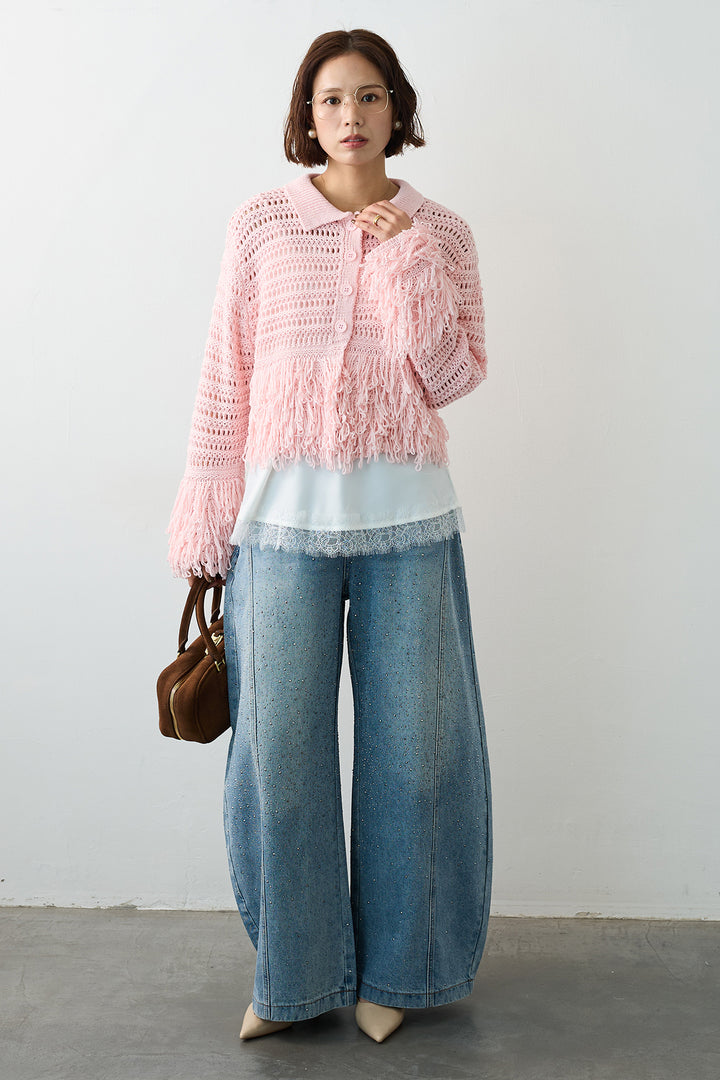 [予約/SET]メッシュフリンジクロップドニット+スパークルラインストーンカーブデニム(2set)