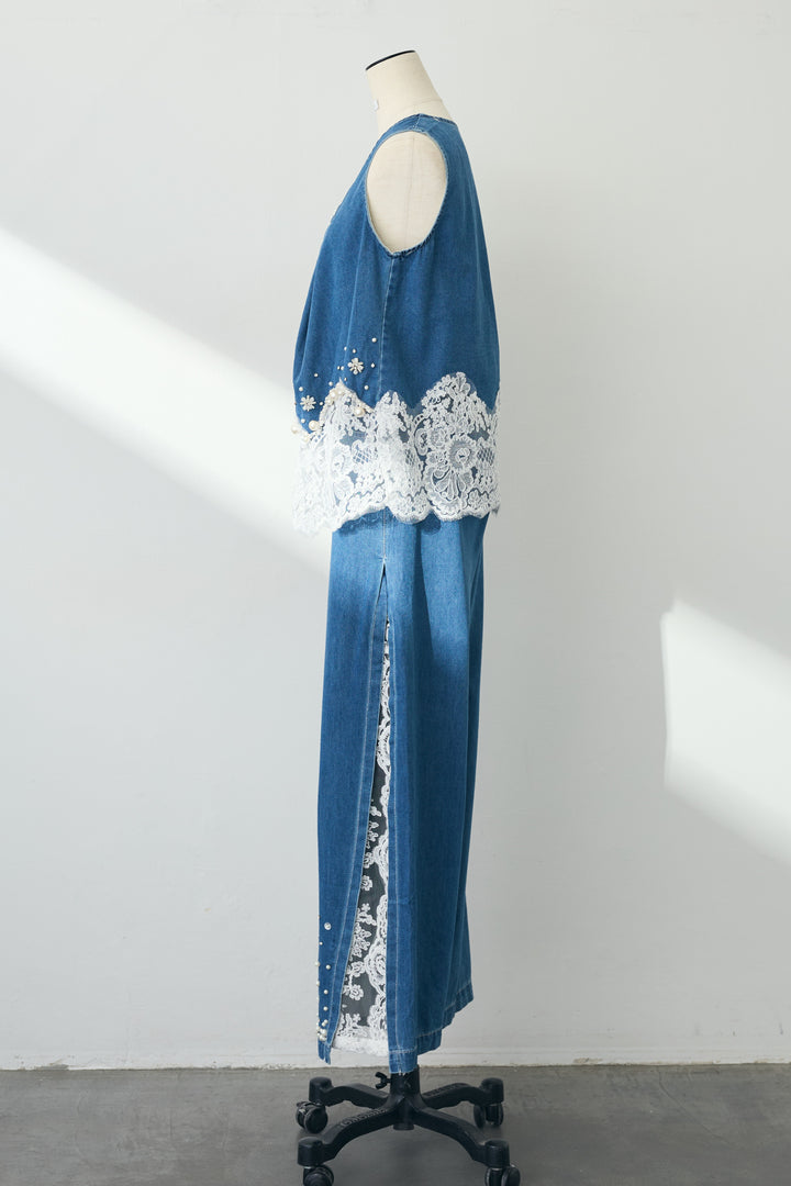 [予約]レースデコラティブパールデニムセットアップ