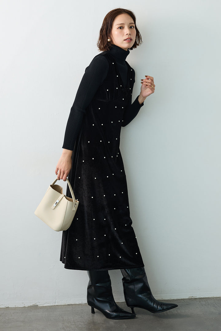 [予約/SET]ベーシックリブタートルニット+ベロアパールVネックロングワンピ(2set)