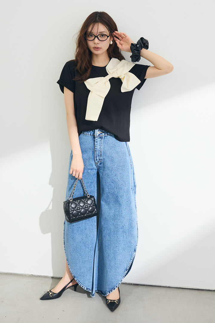 [予約/SET]ショルダーリボンポイントTシャツ+カーヴィースリットデニムパンツ(2set)