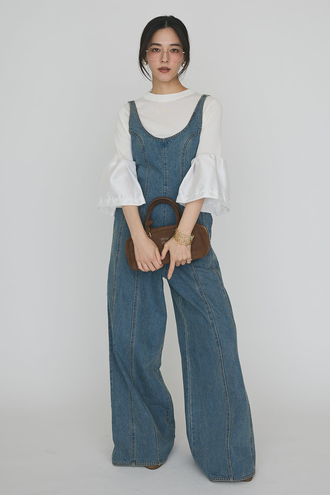 [予約/SET]タックフレア異素材ドッキングニットPO+美ラインデニムサロペット(2set)