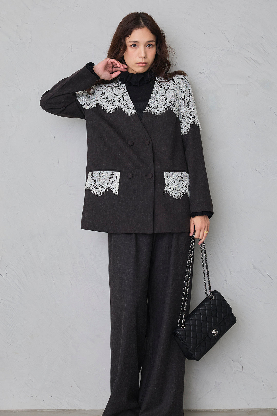 [予約/SET]ダブルフリルカラーニットプルオーバー+ショルダーレースデザインジャケット+ライトツイードタックパンツ(3set)