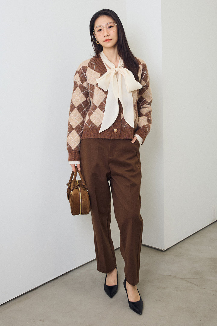 [予約/SET]前後2wayリボンシアーブラウス+アーガイル柄ゴールドボタンニットカーデ(2set)