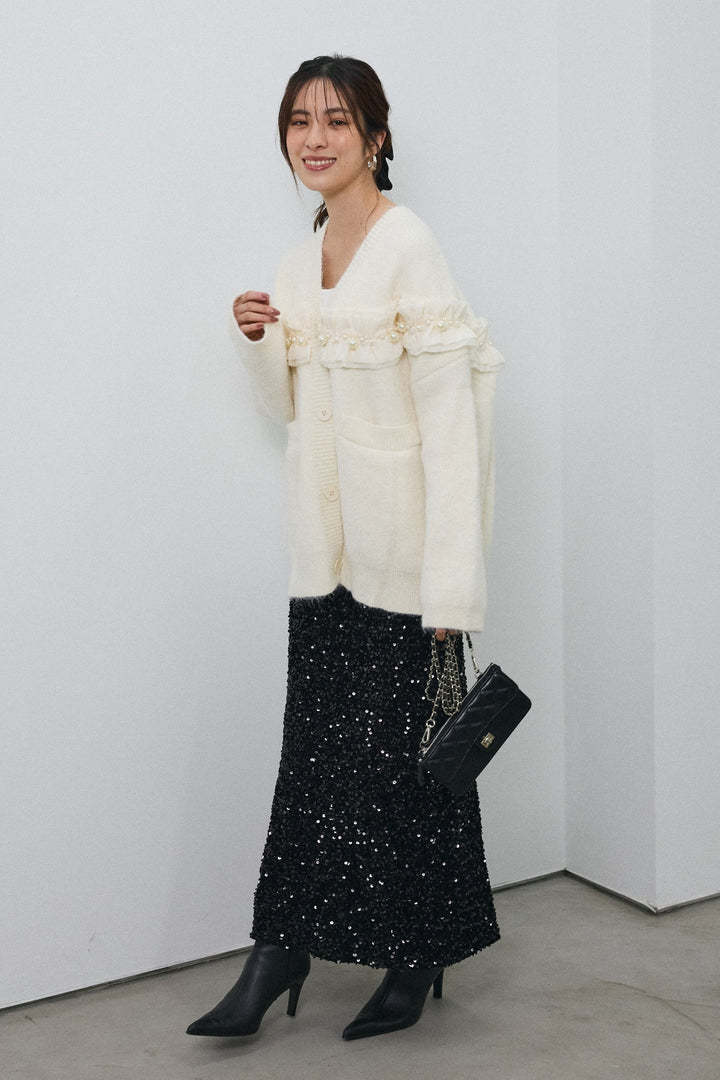 [予約/SET]フリルパールドッキングニットコーディガン+スパンコールシャイニースカート(2set)