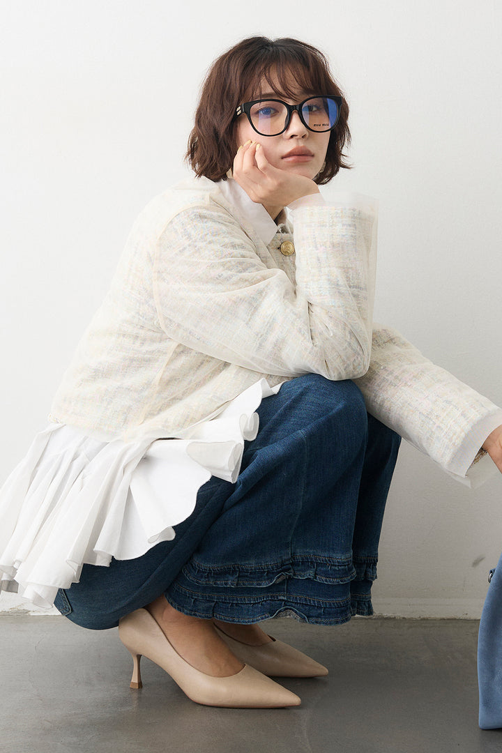 [予約/SET]ツイード×チュールレイヤードクロップドジャケット+フリルヘムデニムパンツ(2set)